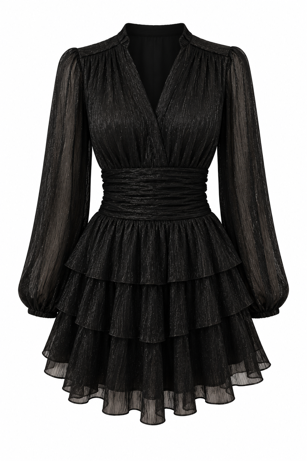 Kayani Nadine Belted Ruffle Dress - Glint Onyx