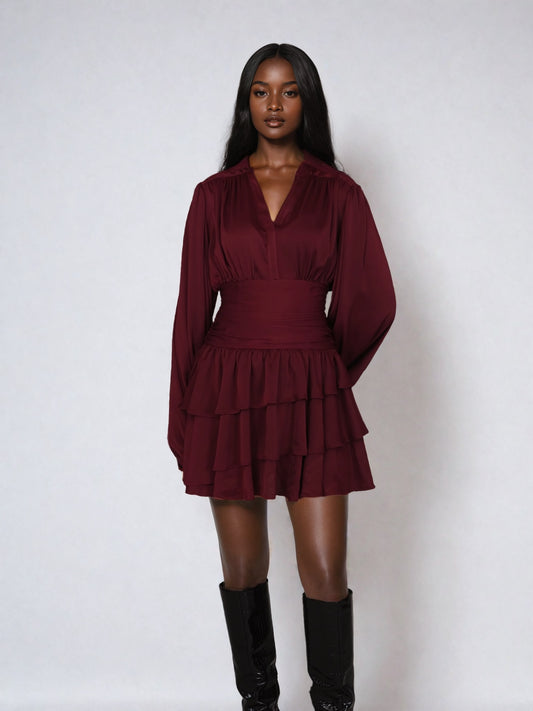 Nadine Belted Ruffle Dress - Mulberry