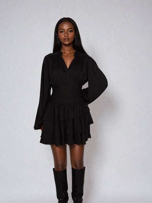 Nadine Belted Ruffle Dress - Regal Onyx