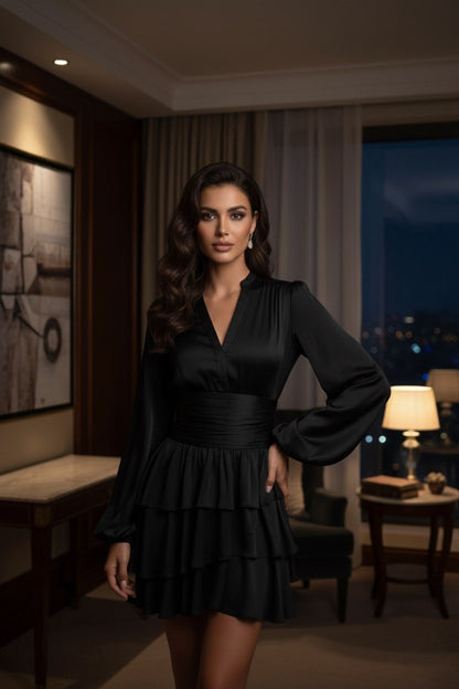 Nadine Belted Ruffle Dress - Regal Onyx