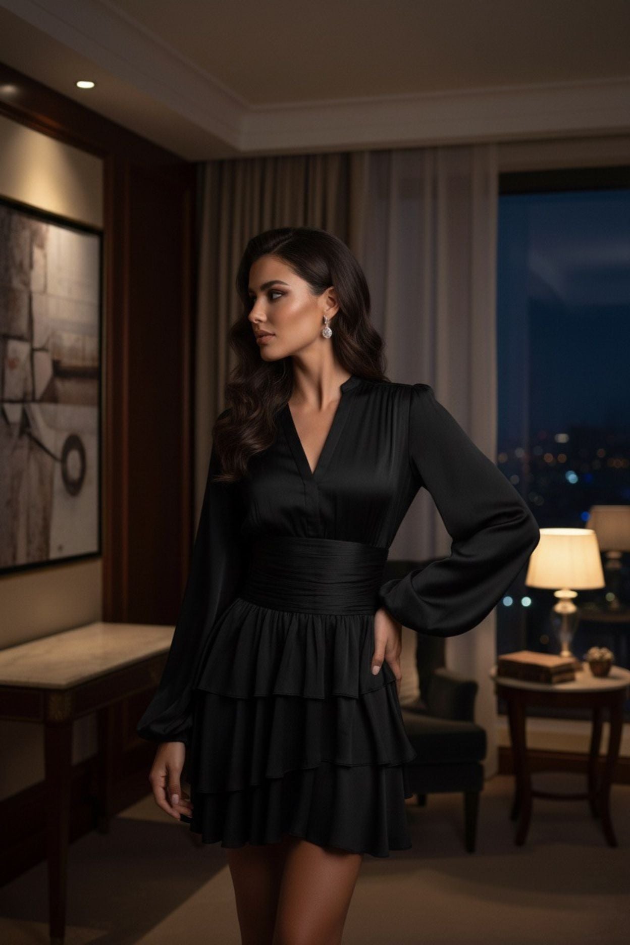 Nadine Belted Ruffle Dress - Regal Onyx