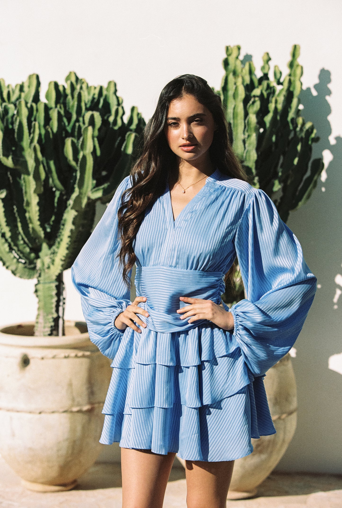 Nadine Belted Ruffle Dress -Ocean Waves