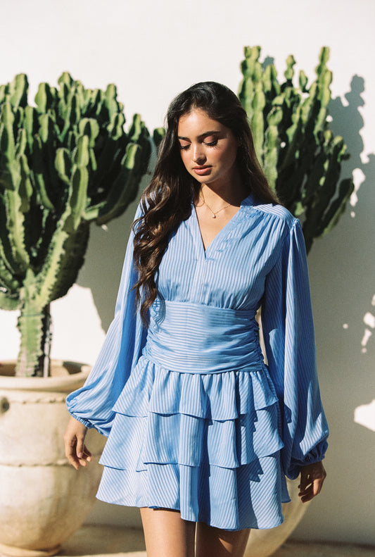 Nadine Belted Ruffle Dress -Ocean Waves