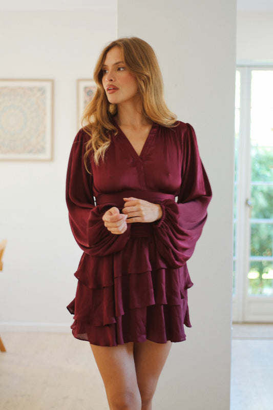 Nadine Belted Ruffle Dress - Mulberry