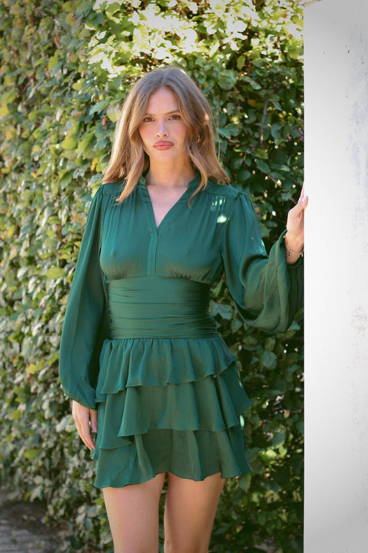 Nadine Belted Ruffle Dress - Smaragd