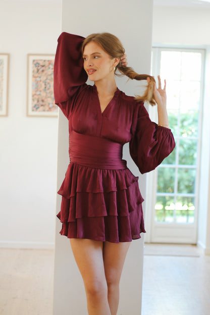 Nadine Belted Ruffle Dress - Mulberry