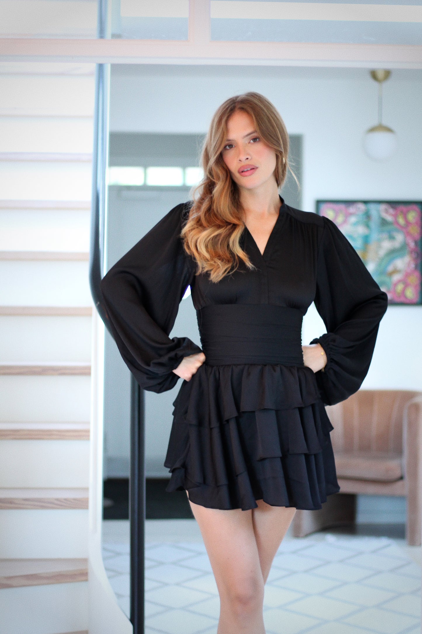 Nadine Belted Ruffle Dress - Regal Onyx