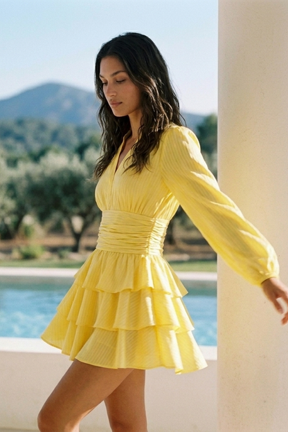 Nadine Belted Ruffle Dress - Amber Lemony